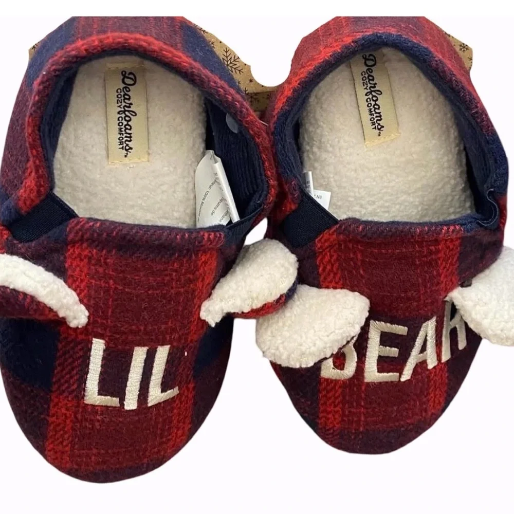 Dearfoams Lil Bear Memory Foam Plaid Sherpa Winter Slipper Toddler New with Tags